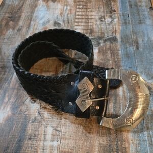 Braided Black Leather Belt with Silver Buckle
